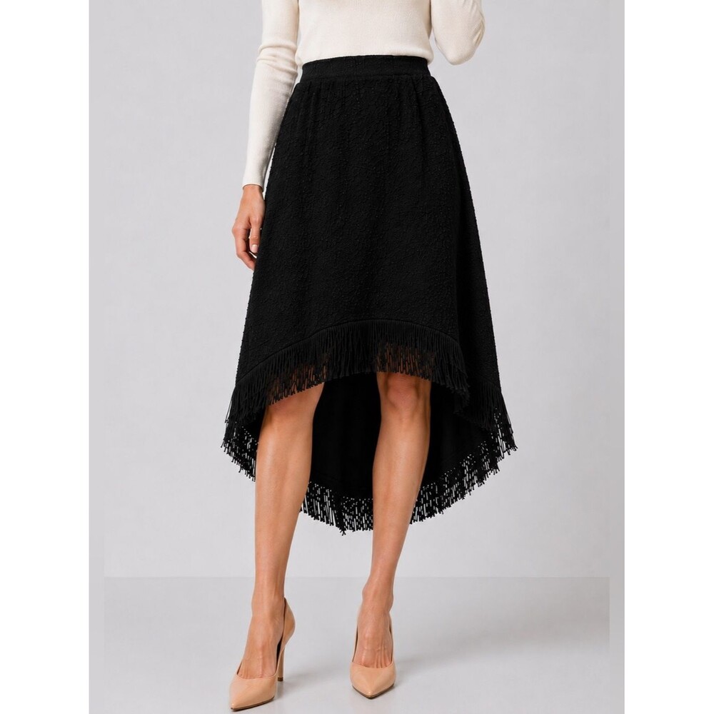 Nanette Lepore Black Textured Fringe High-Low Midi Skirt Women’s Size 8 NWOT